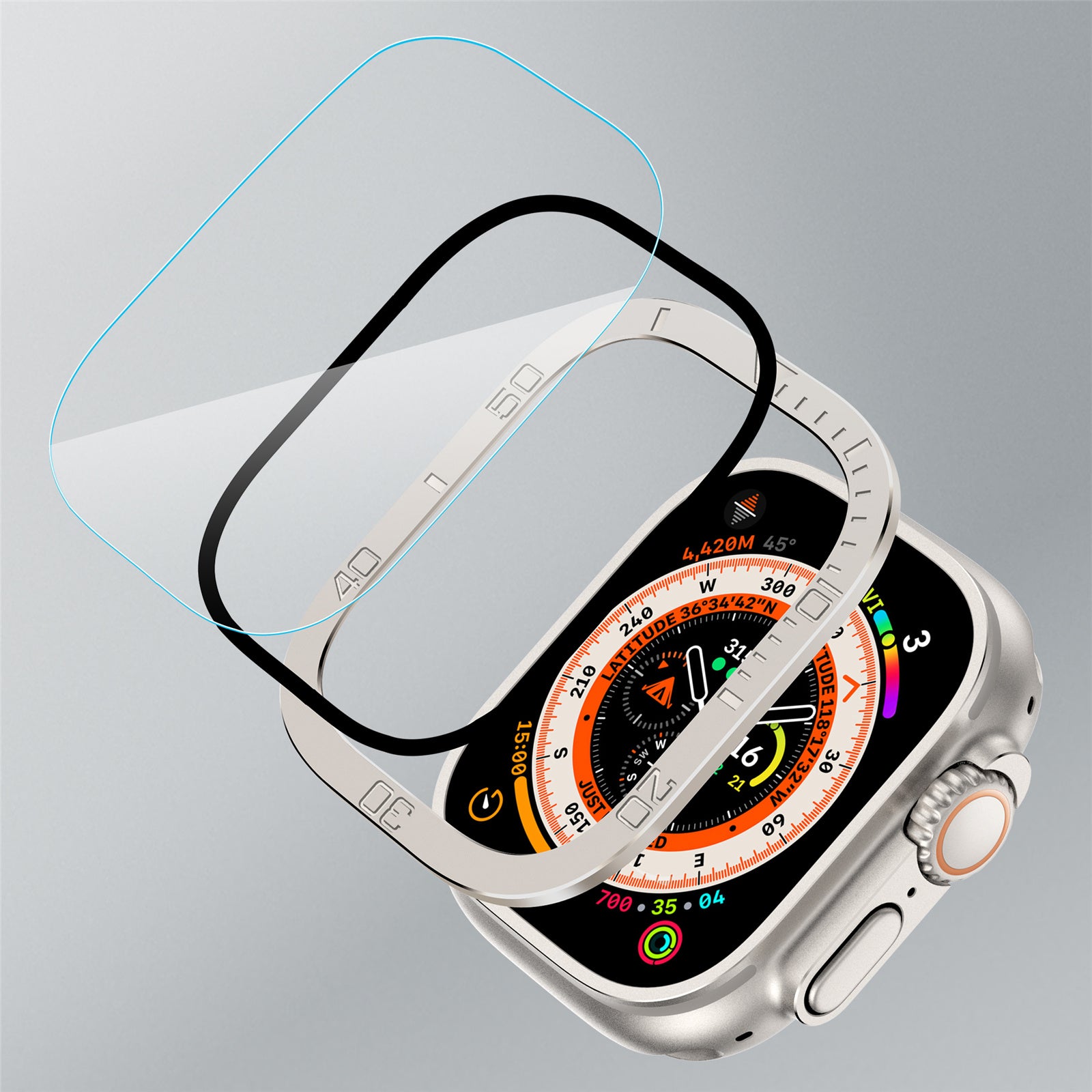 Uniqkart for Apple Watch Ultra 49mm Tempered Glass Screen Protector Numbers Marker Metal Frame with Built-in Clear Film - Original Color Uniqkart for Apple Watch Ultra 49mm Tempered Glass Screen Protector Numbers Marker Metal Frame with Built-in Clear Film - Original Color